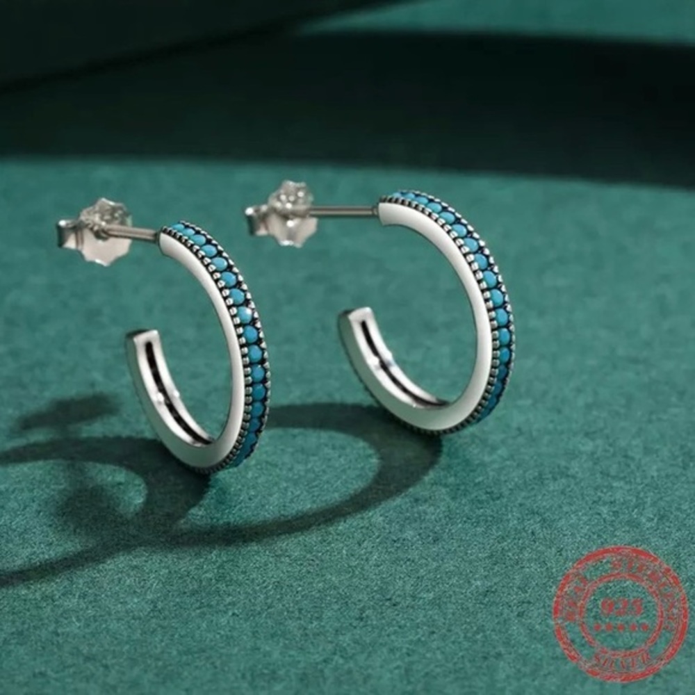 925 Sterling Silver Vintage Turquoise Hoop Earrings - Picture 3 of 5